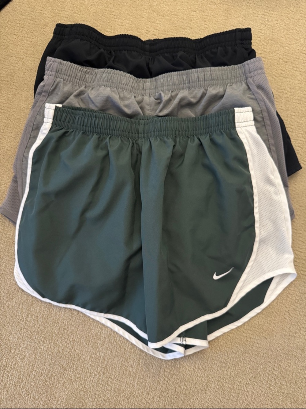 Girl’s Nike Tempo Shorts- Black, Gray and Dark Green. Large. Like New.